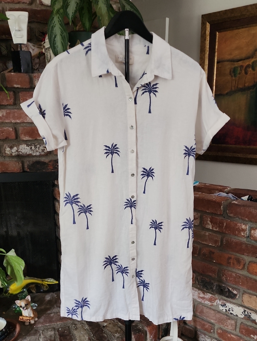 Calypso St. Barth Palm Tree Linen Blend Shirt Dress Coastal Resort - Picture 1 of 11